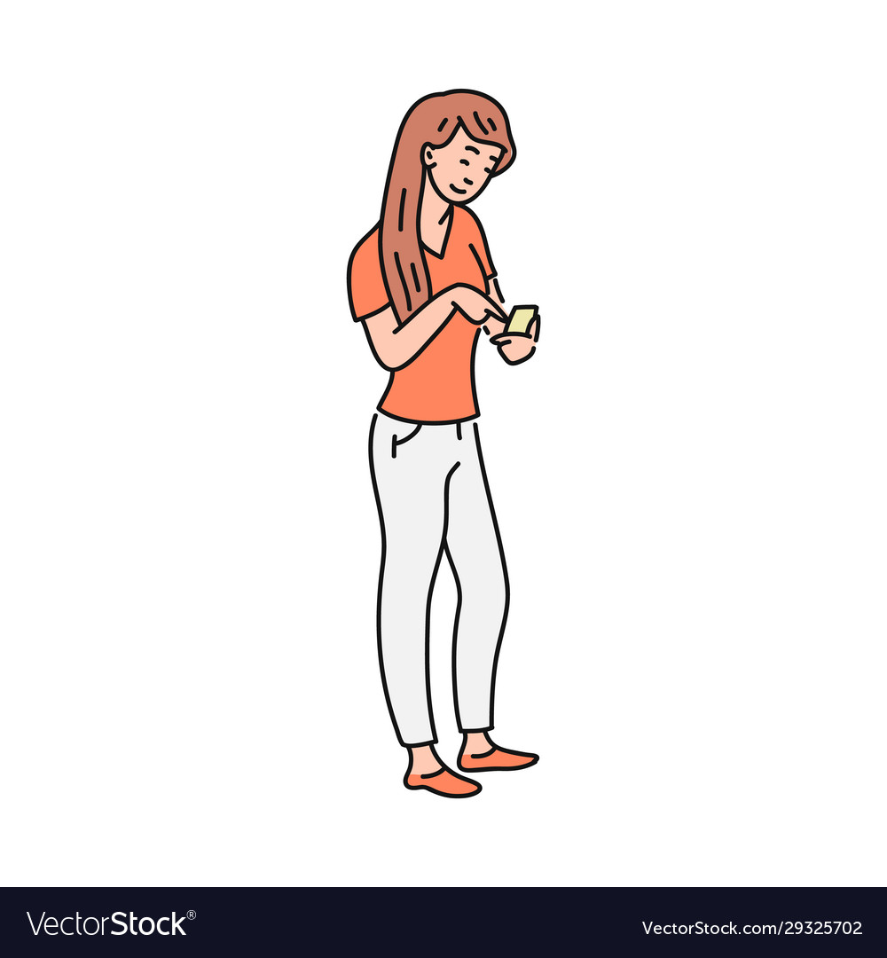 Cartoon woman holding phone and looking at screen Vector Image Cartoon woman holding phone and looking at screen Vector Image
