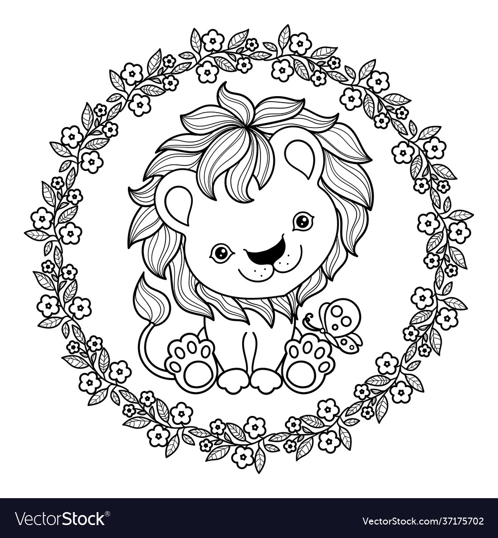 Cute cartoon lion cub in a round frame flowers Vector Image Cute cartoon lion cub in a round frame flowers Vector Image