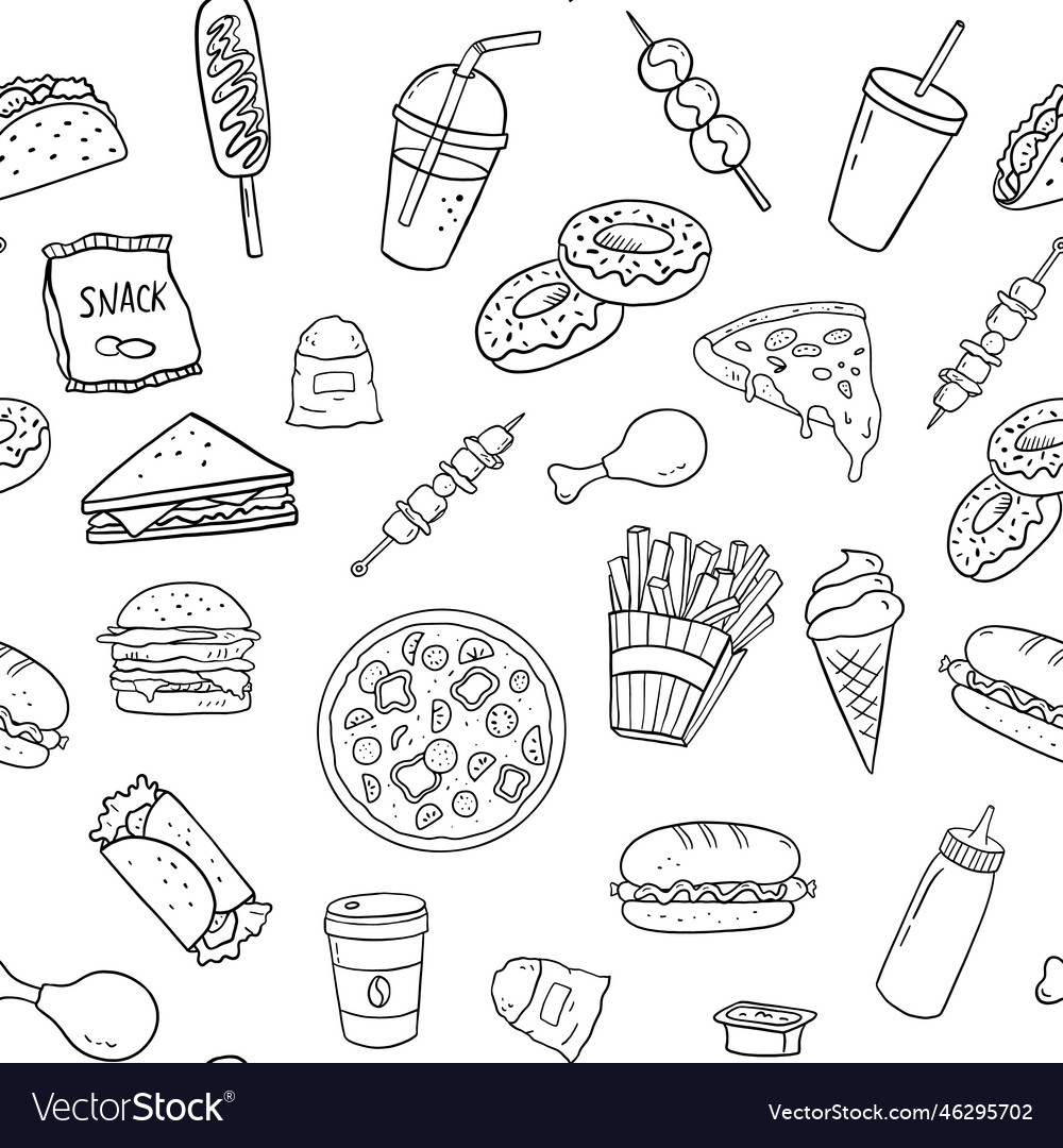 Seamless line pattern with fast food for menu