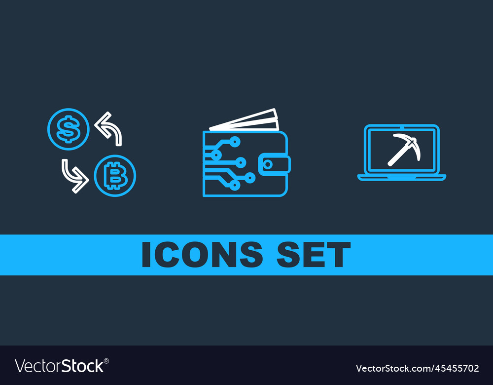 Set line mining with laptop and pickaxe processor vector image Set line mining with laptop and pickaxe processor