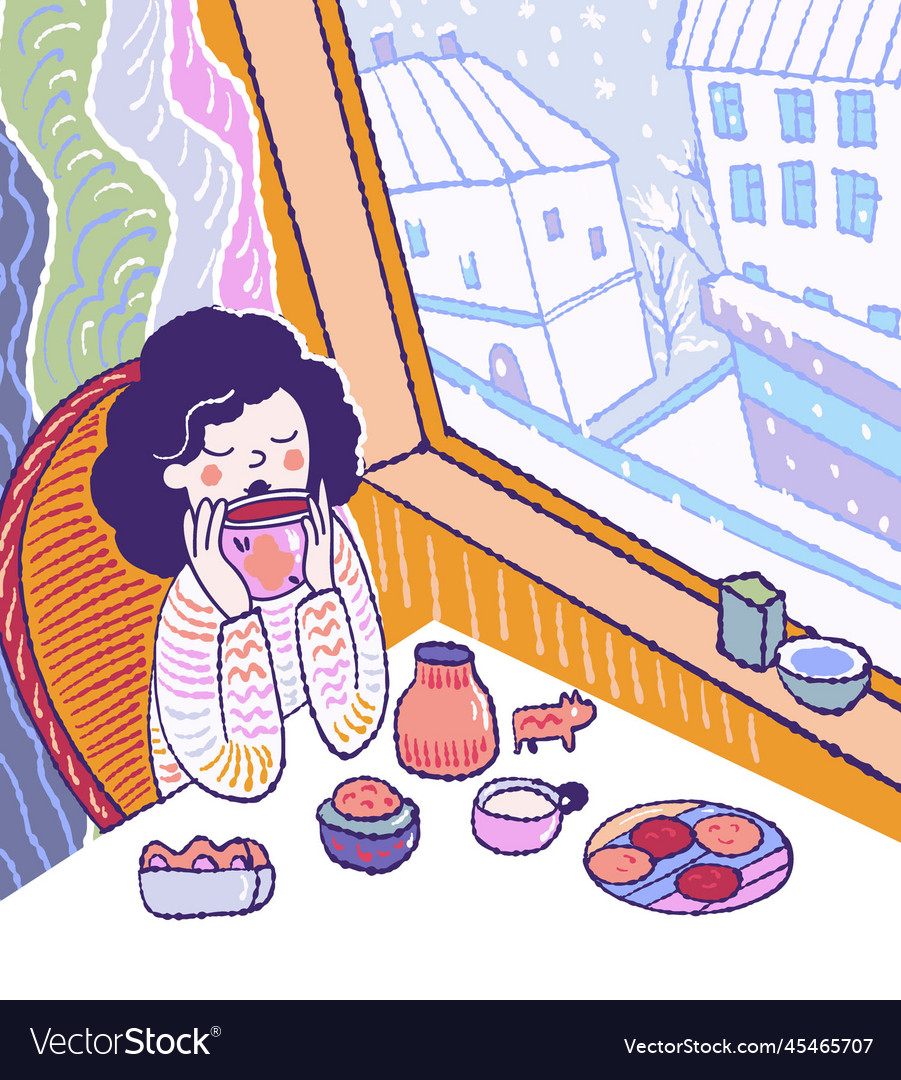 A woman drinks tea in winter her room