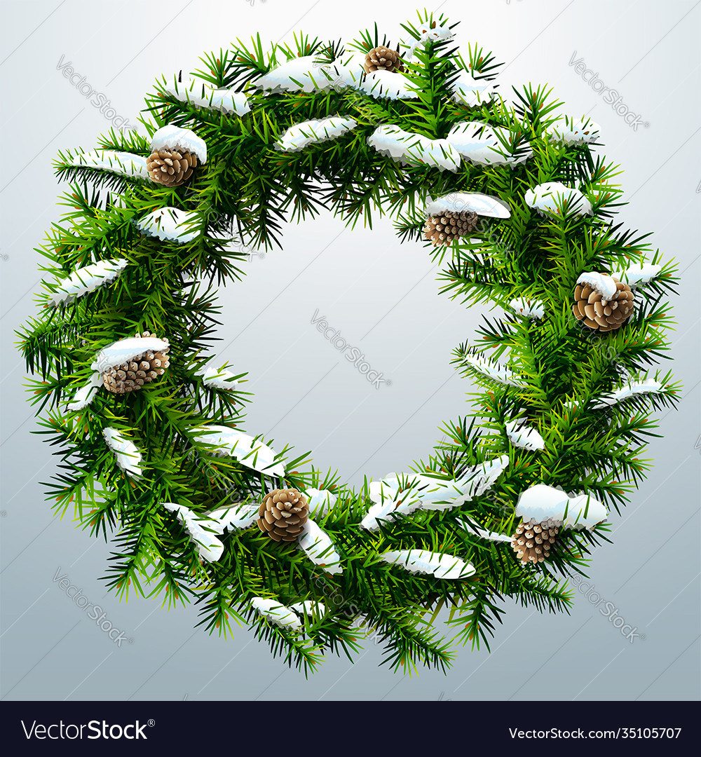 Christmas wreath with pinecones and snow