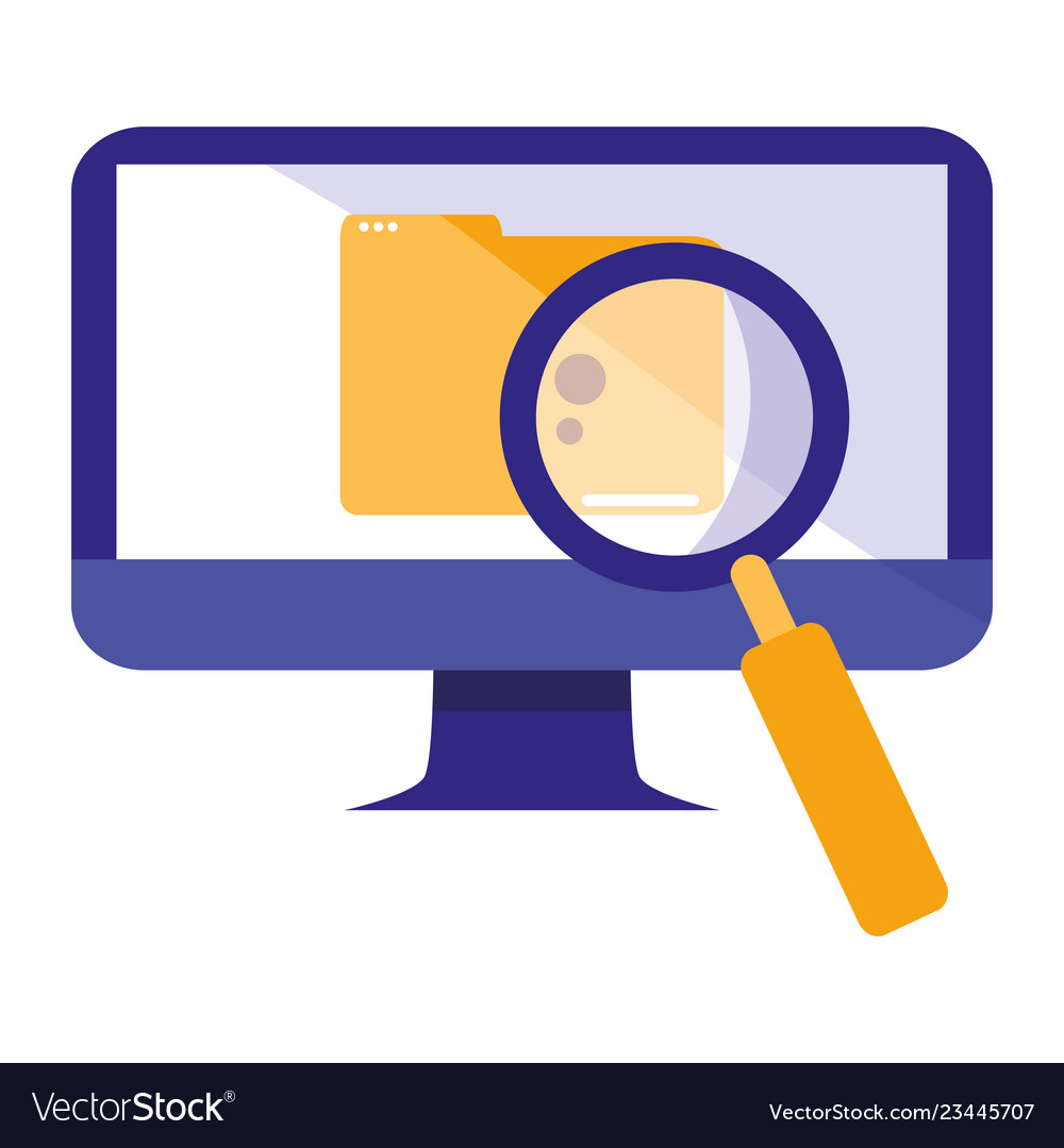 Computer with documents and magnifying glass vector image Computer with documents and magnifying glass
