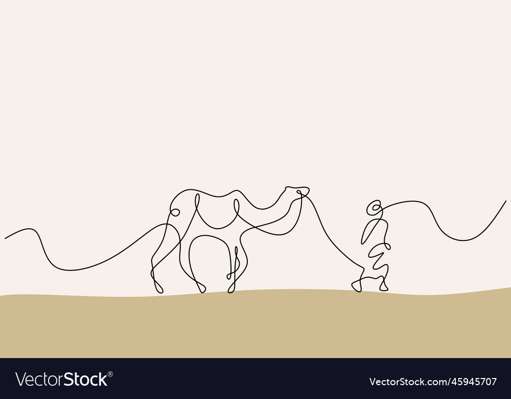 Continuous one line drawing of a man with camel