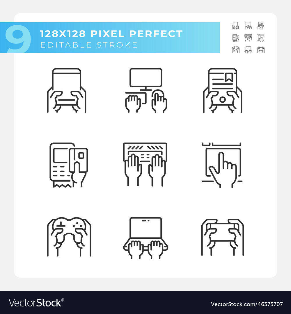 Hands using gadgets pixel perfect linear icons set
