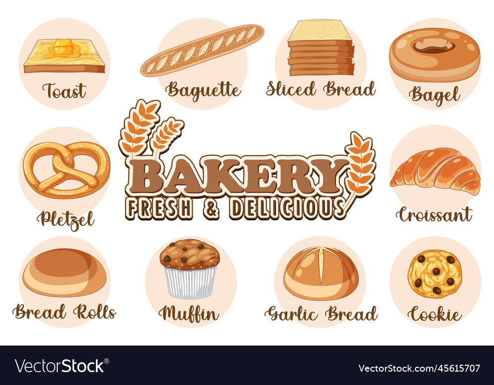 Set of bread and pastry bakery products Royalty Free Vector