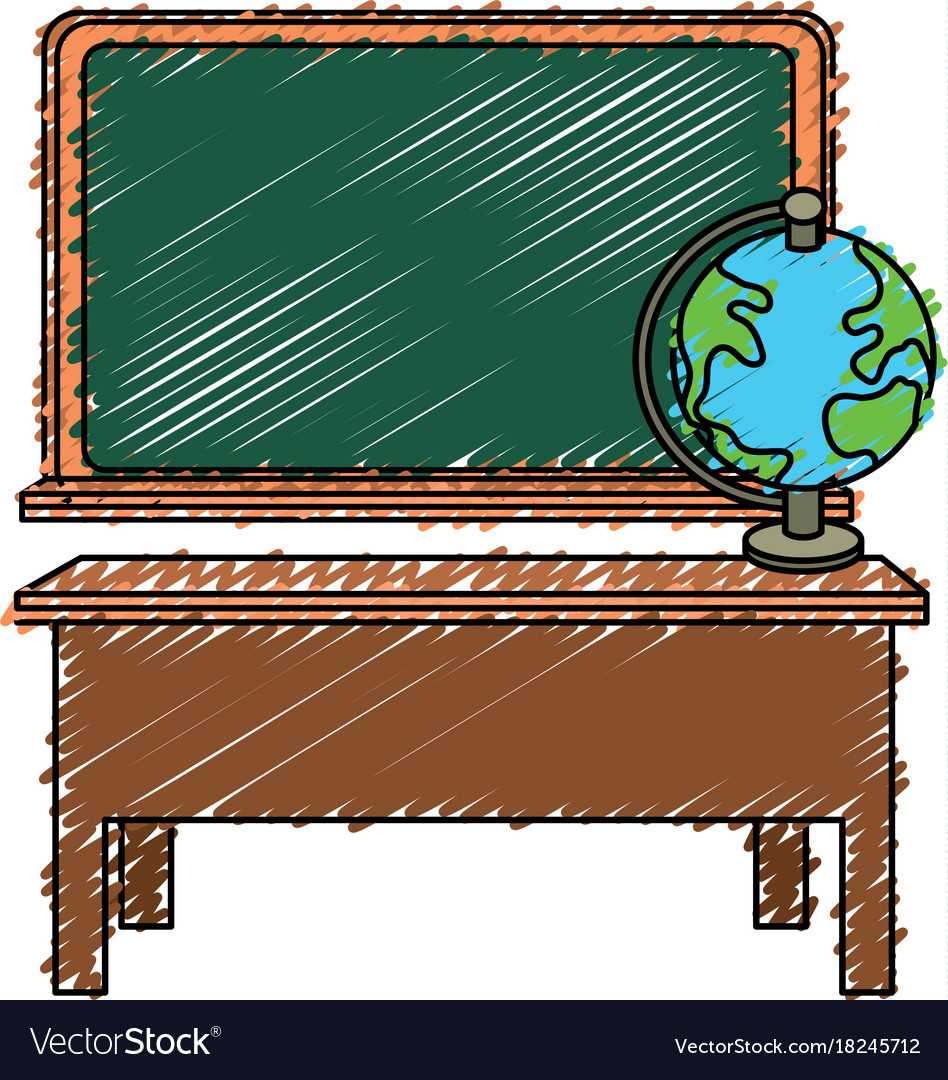 Blackboard object and wood desk with global map