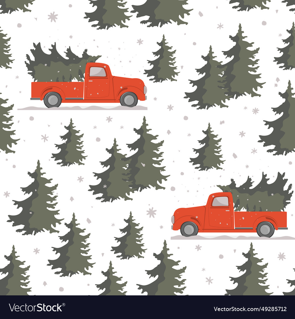 Christmas seamless pattern with red pickup truck