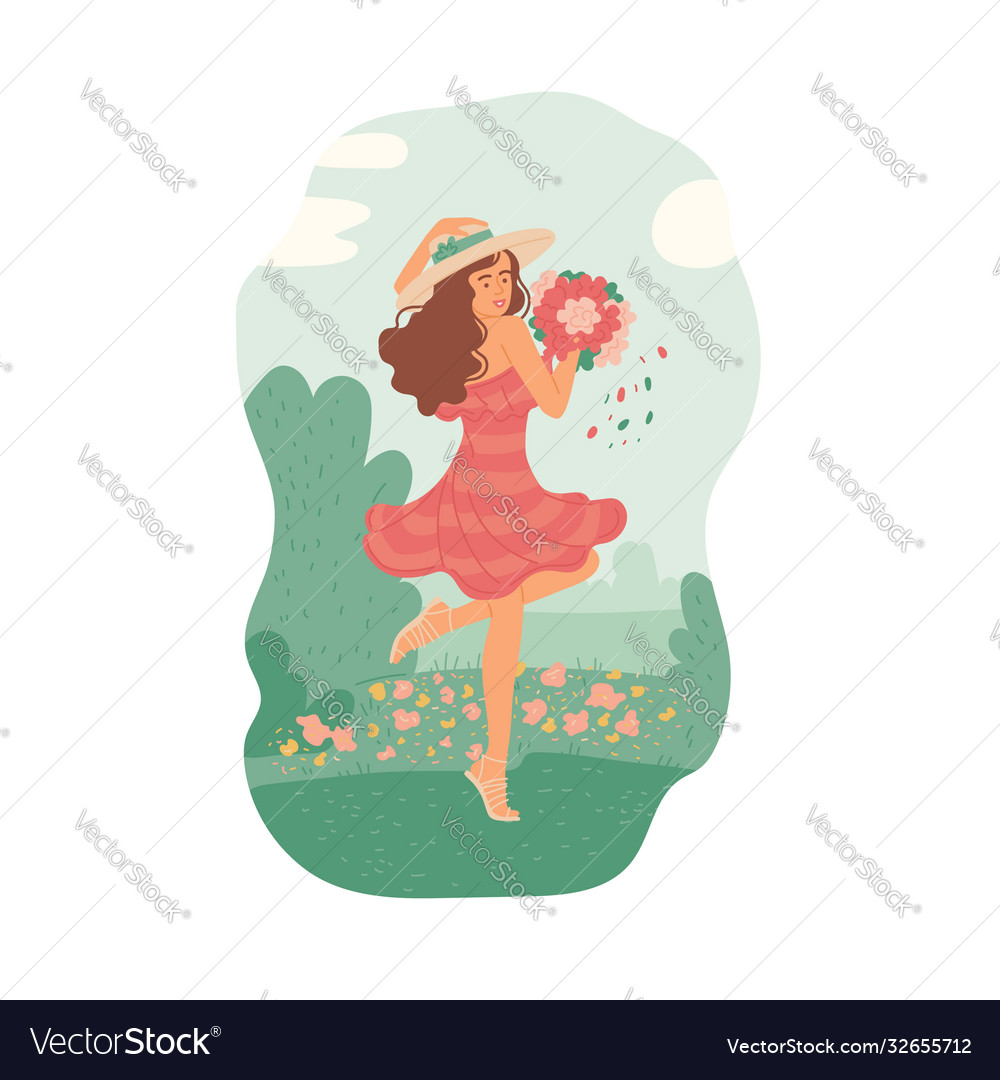 Girl in summer dress with bouquet dancing