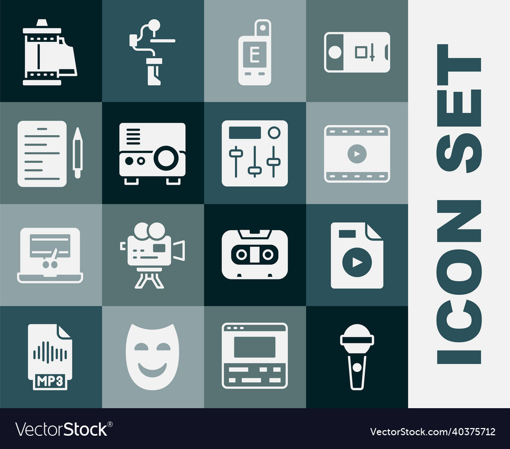 Set microphone avi file document play video vector image Set microphone avi file document play video