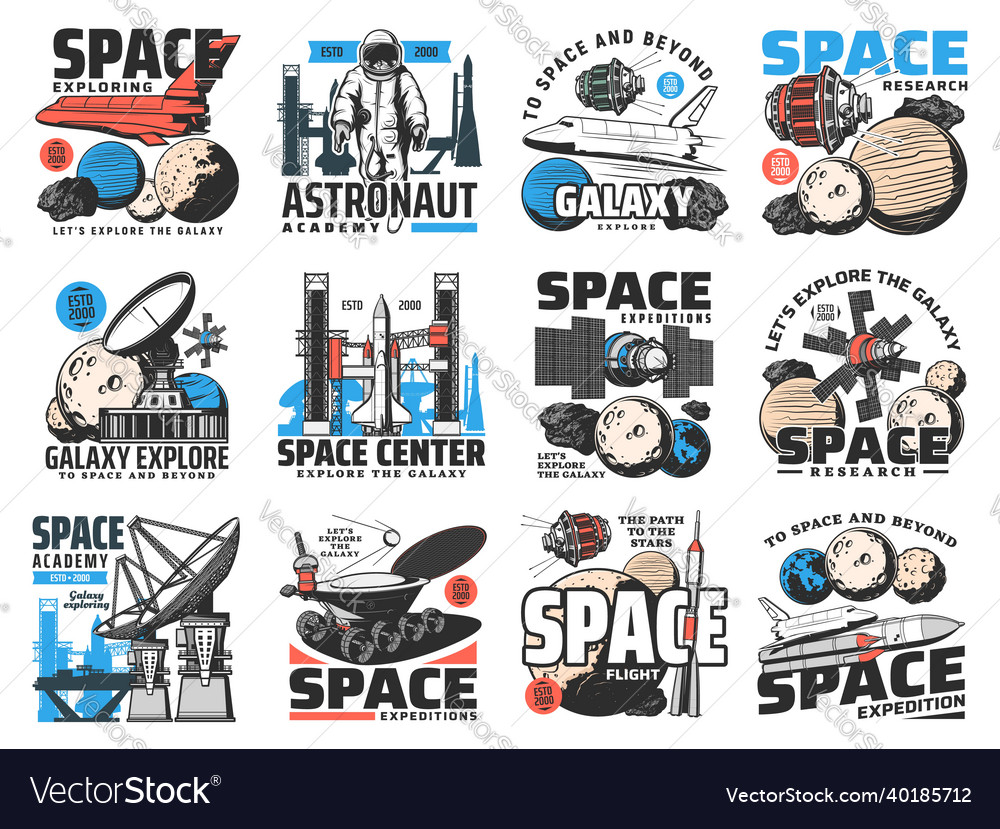 Space and galaxy exploring research retro icons vector image Space and galaxy exploring research retro icons