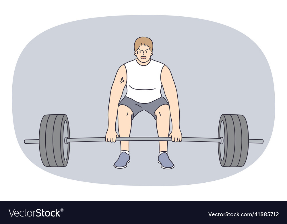 Strong sportsman training in gym with barbell Vector Image