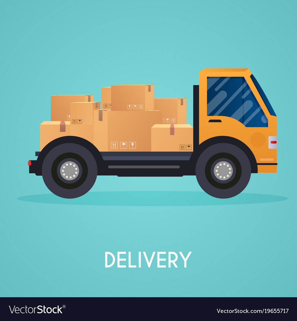 Moving truck and cardboard boxes house Royalty Free Vector