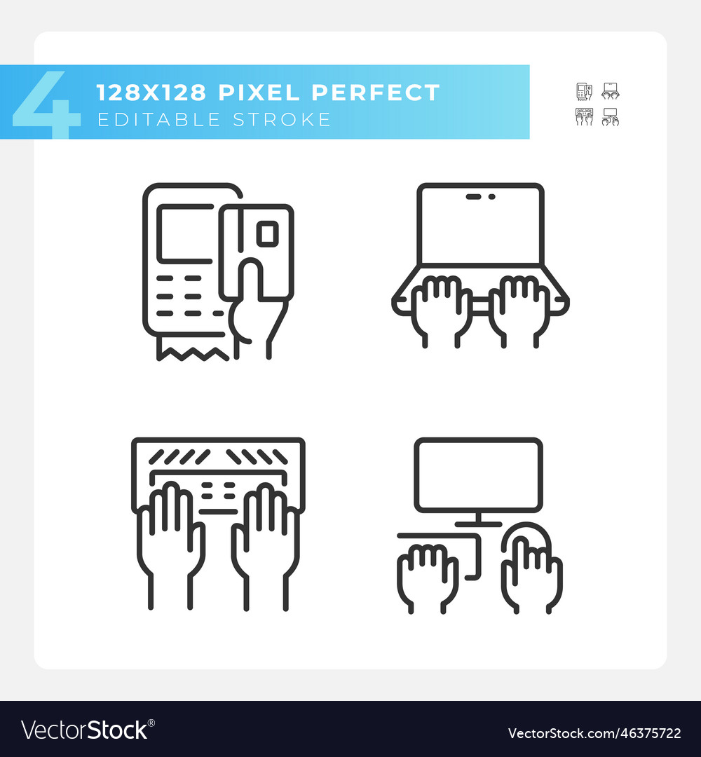 Hands using devices pixel perfect linear icons set vector image Hands using devices pixel perfect linear icons set