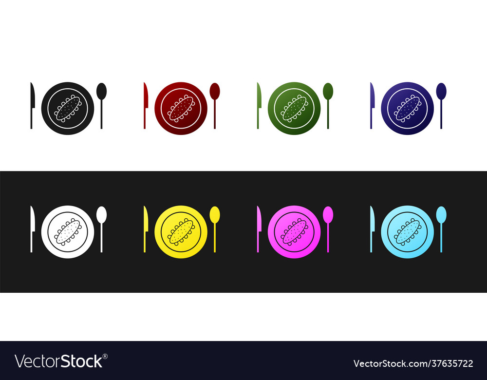 Set served cucumber on a plate icon isolated