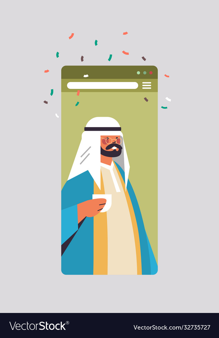 arabic-man-drinking-coffee-celebrating-online-vector-image