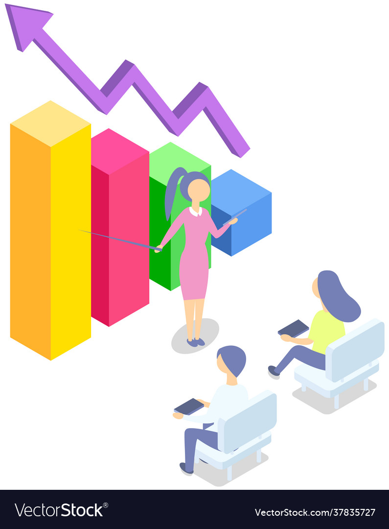Character with pointer shows statistical graph vector image Character with pointer shows statistical graph