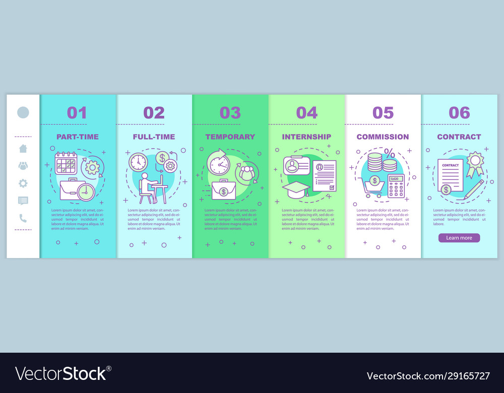 Jobs types onboarding mobile web pages template