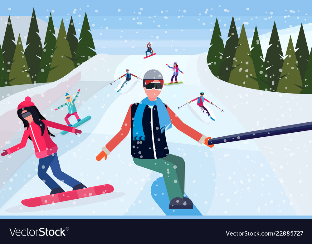 Man taking selfie photo snowboarders skiers people