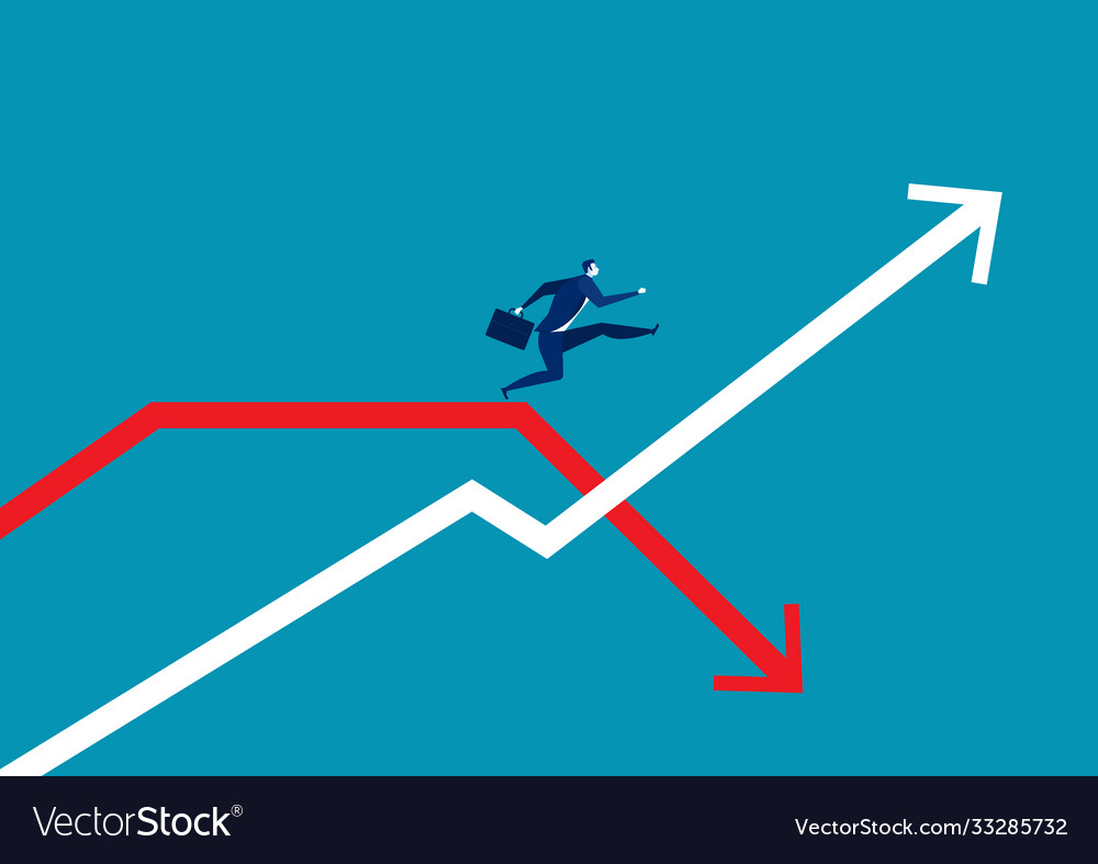 Businessman jumping pass arrow graph