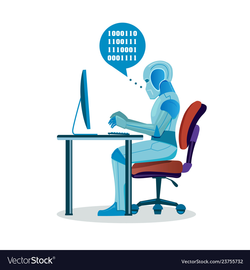 Moderne Roboter arbeiten mit Computer vector image Moderne Roboter arbeiten mit Computer