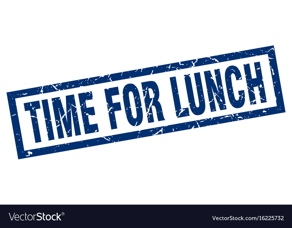 Quadratische Grunge blaue Zeit für Mittagessen Stempel