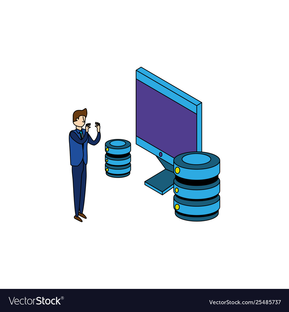 Businessman worker with computer and data center