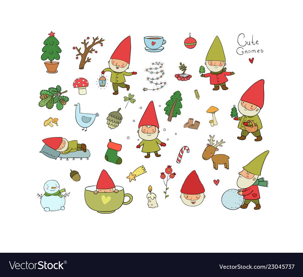 Cute Cartoon Gnomes New Year Set Christmas Funny Vector Image