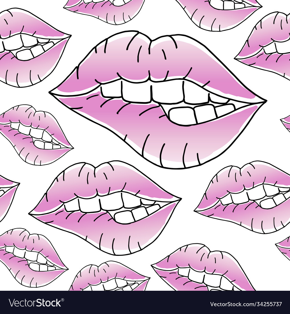 Lips seamless pattern mouths teeth bite pink