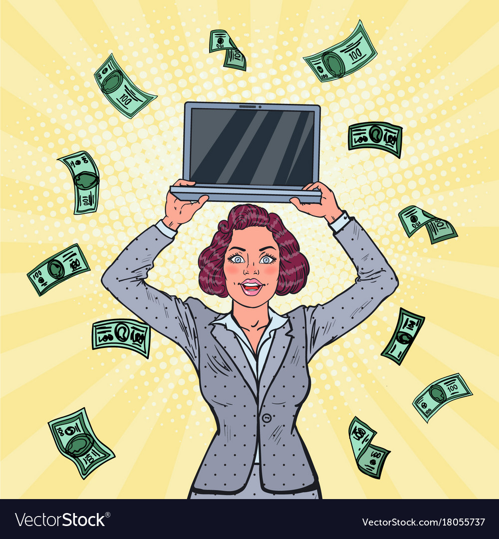 Pop Art Business Frau mit Laptop und Geld