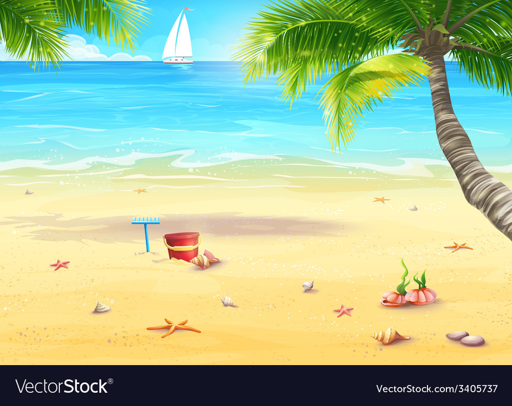 Sea shore with palm trees shells bucket Royalty Free Vector