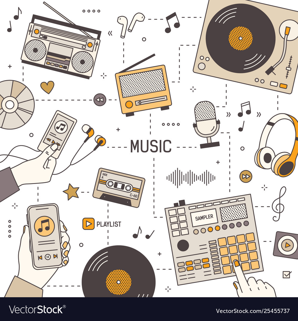 Square Banner Template With Hands And Devices For Vector Image