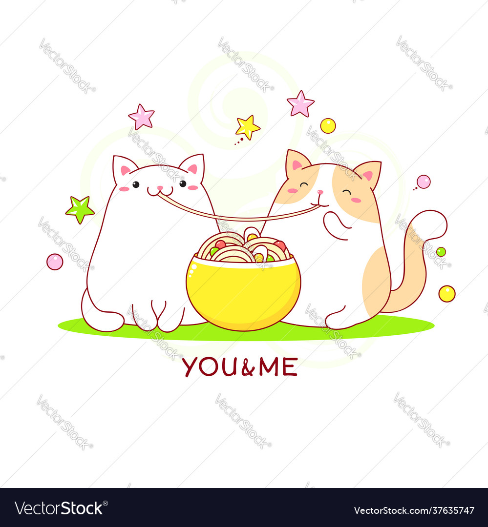 Couple cute fat cats eat ramen noodles vector image Couple cute fat cats eat ramen noodles