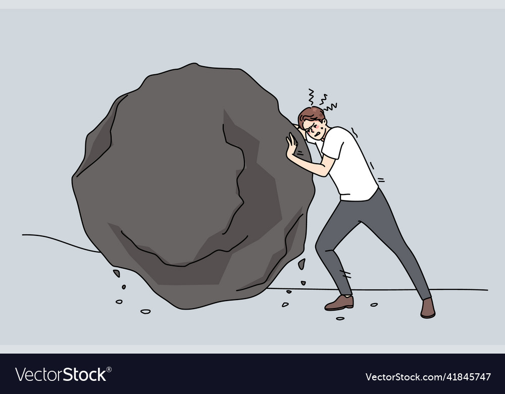 Strong business person push heavy stone