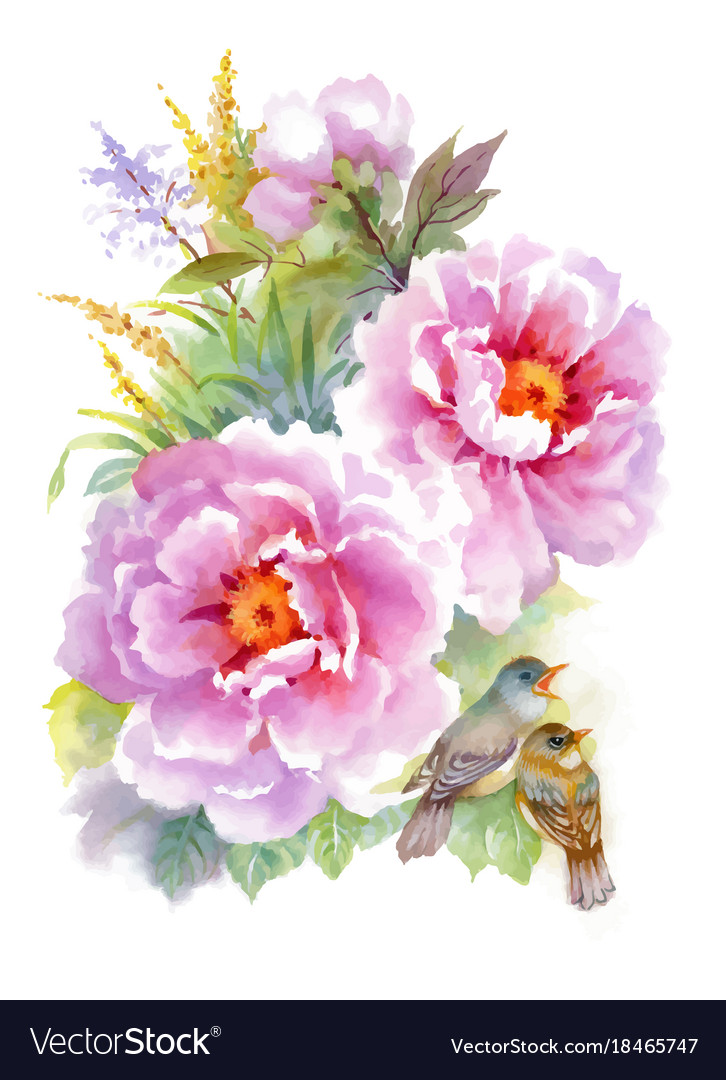 Watercolor Floral Birds on White