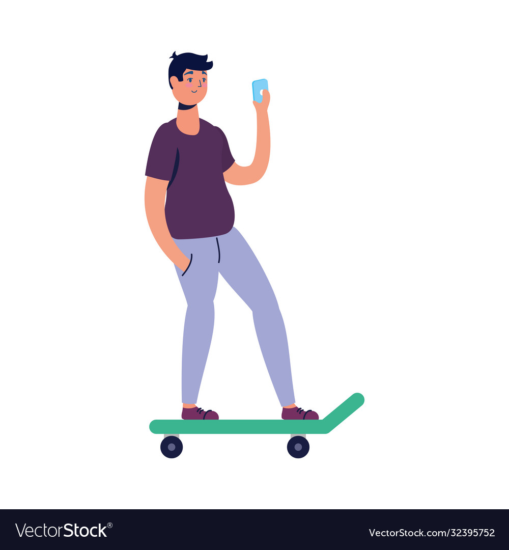 Young man using smartphone in skateboard