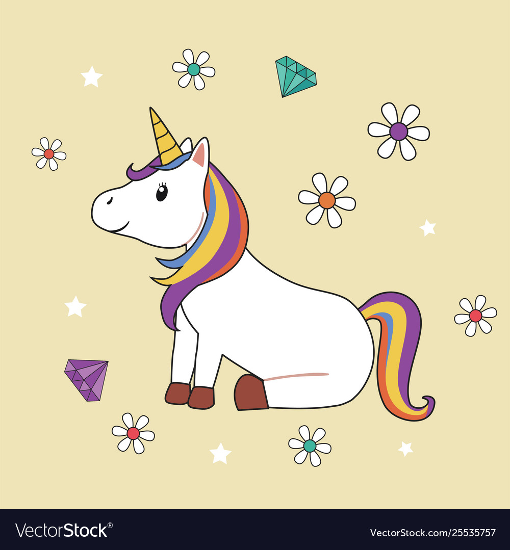 Cute unicorn sitting with flowers and diamonds