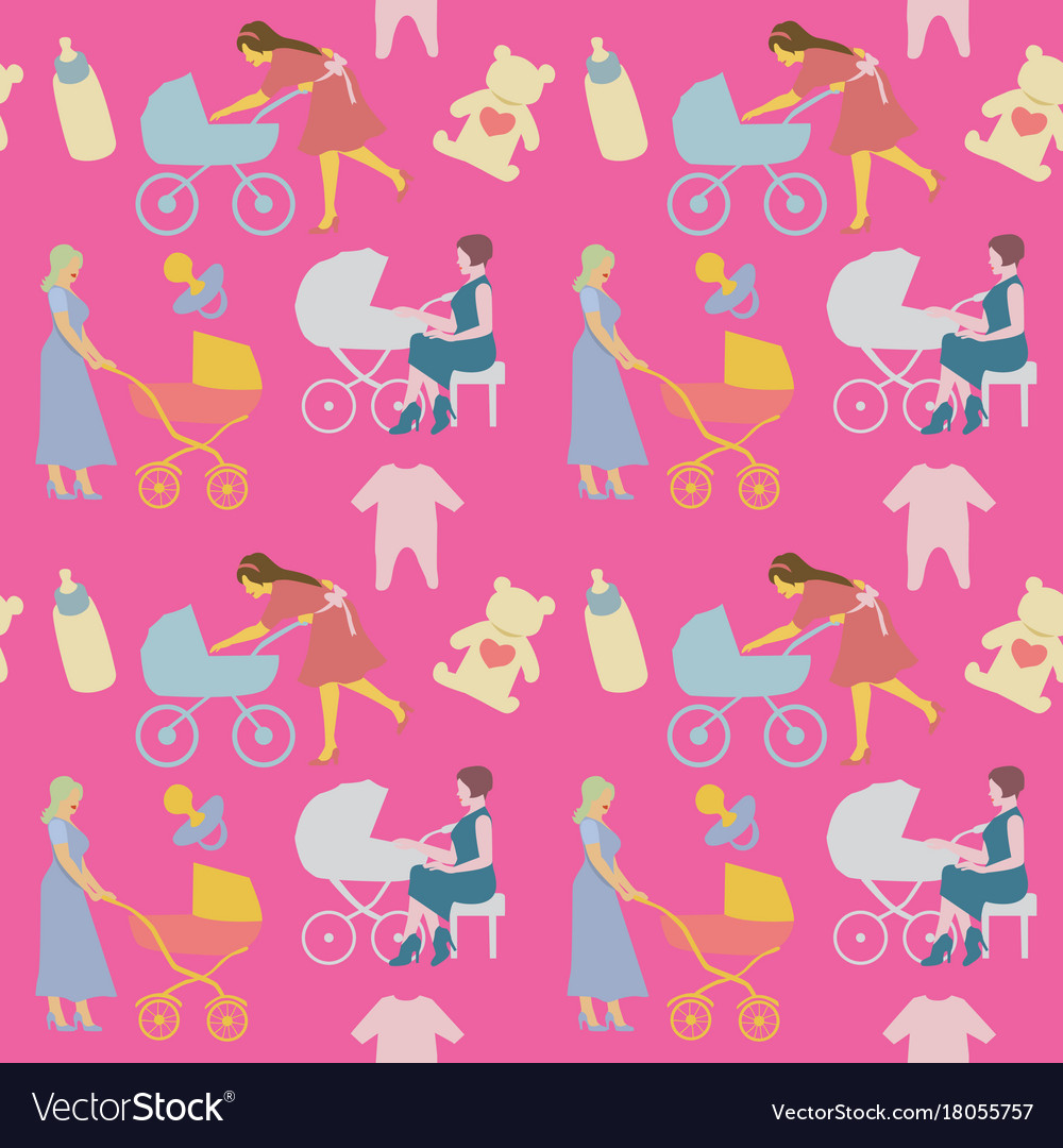 Mother with pram seamless pattern in retro style