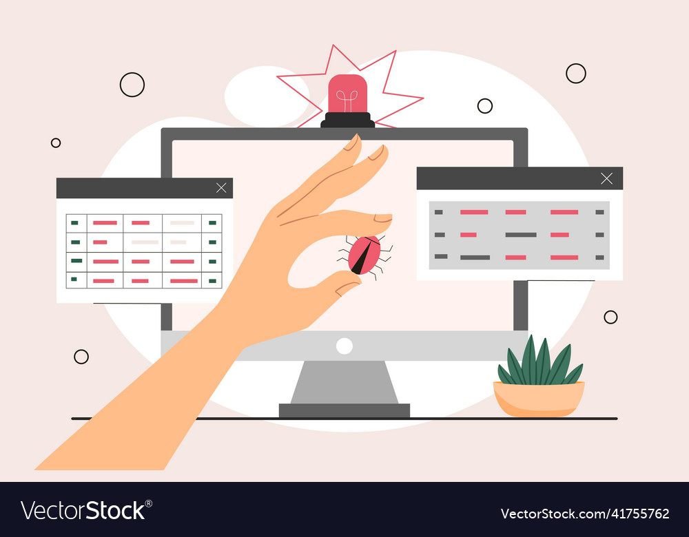 Man fix computer deleting malware virus bug vector image Man fix computer deleting malware virus bug