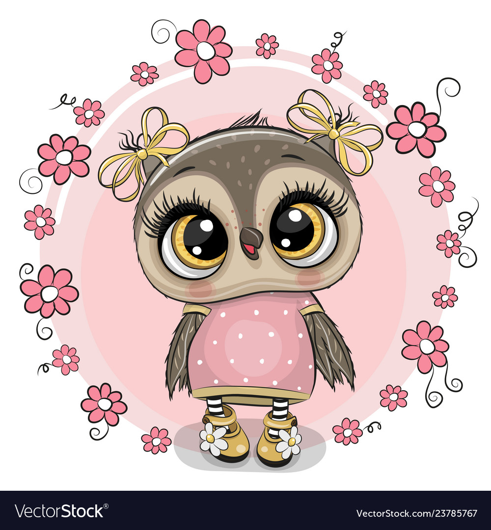 Greeting Card Owl With Flowers On A Pink Vector Image