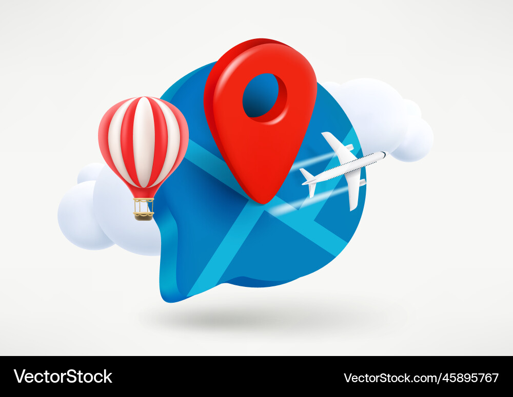 Speech cloud with map pin jet balloon and clouds Vector Image
