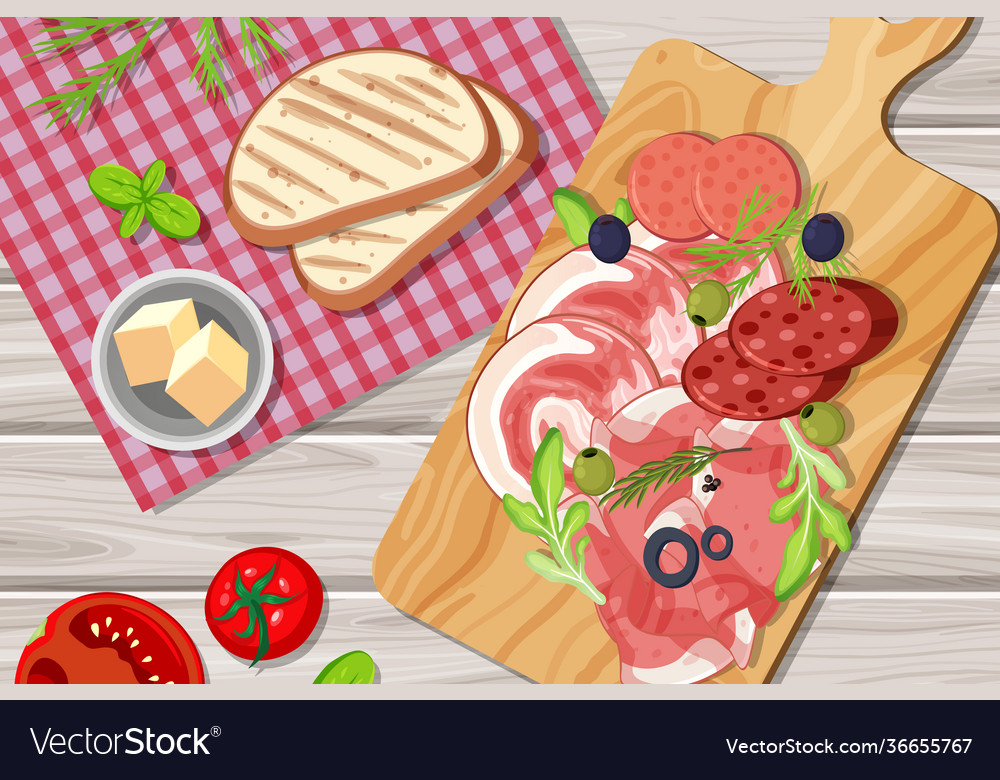 Top view sliced meat set on table vector image Top view sliced meat set on table