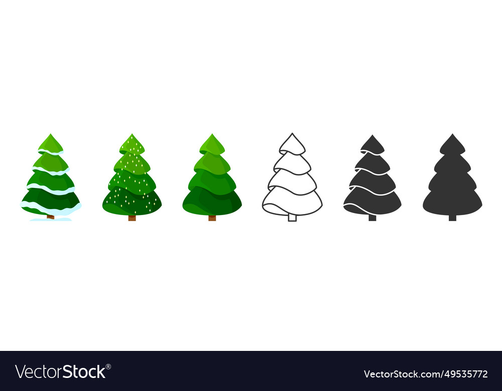 Christmas tree line silhouette stamp flat set