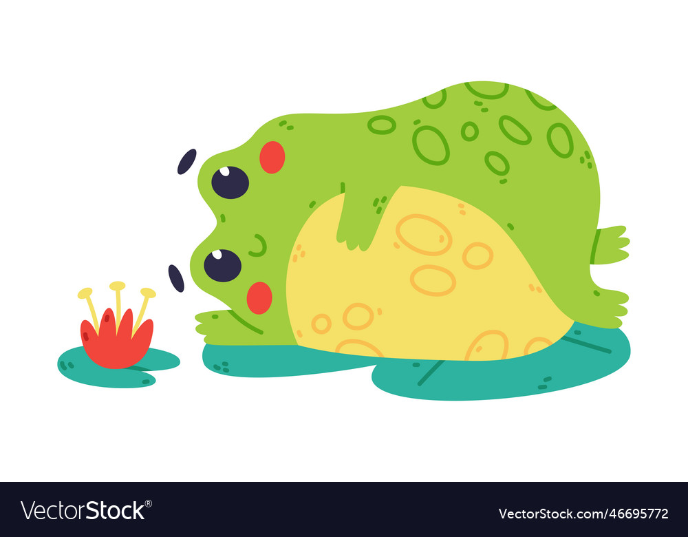 Cute fat green frog or toad character lying Vector Image