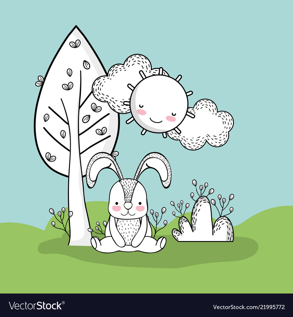 Cute rabbit with happy sun and tree