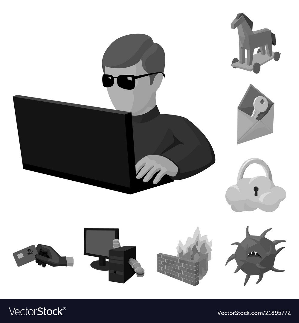 Hacker and hacking monochrome icons in set vector image Hacker and hacking monochrome icons in set