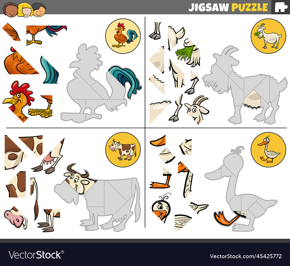 Jigsaw puzzle tasks set with cartoon farm animals Vector Image