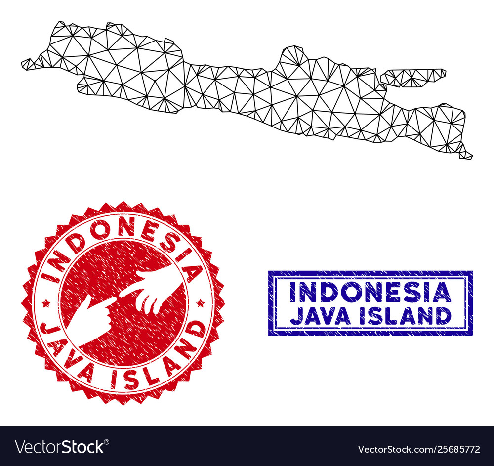 Polygonal mesh java island map and grunge stamps vector image Polygonal mesh java island map and grunge stamps