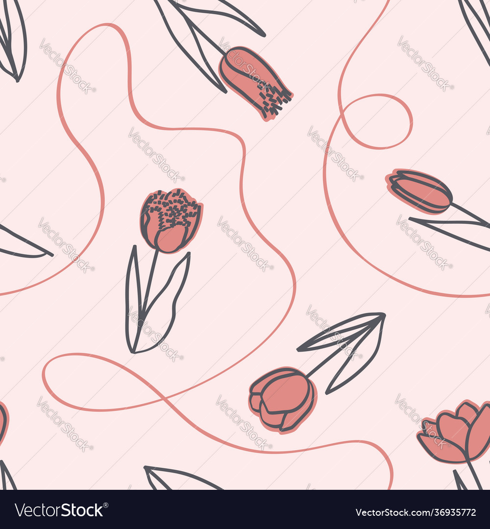Seamless spring pattern with tulips and ribbon vector image Seamless spring pattern with tulips and ribbon