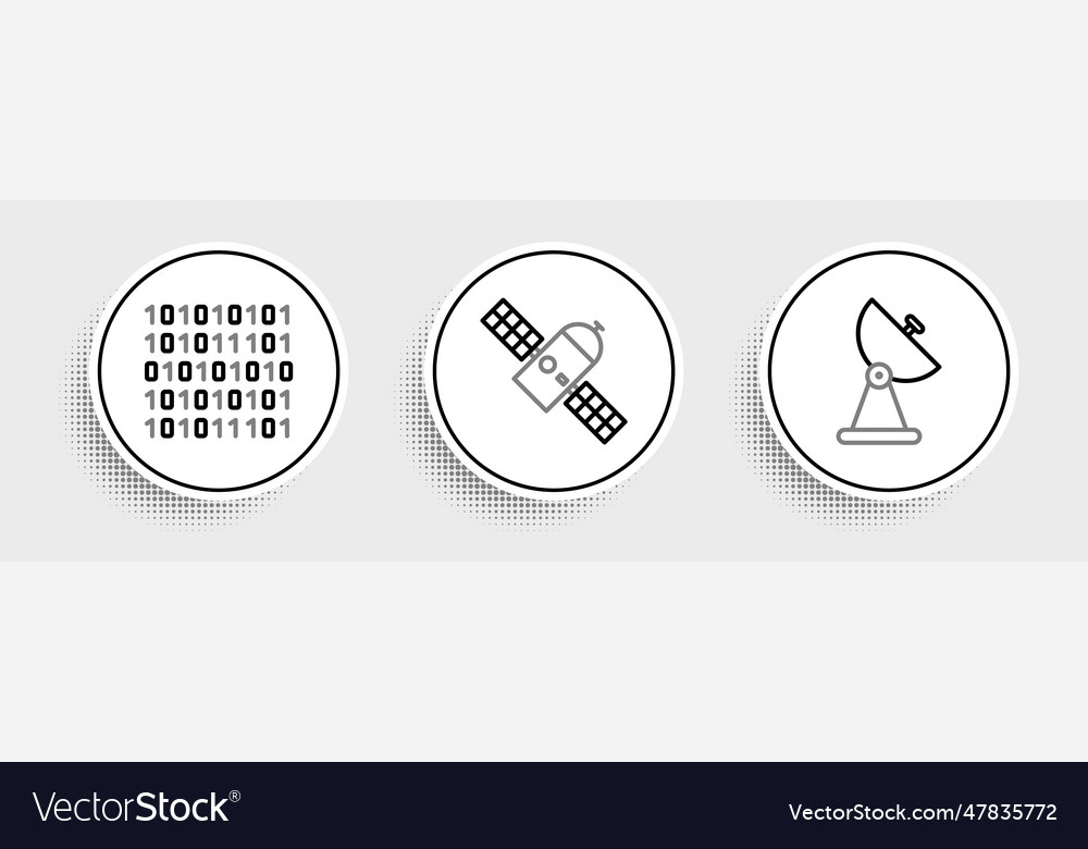 Set line radar binary code and satellite icon vector image Set line radar binary code and satellite icon